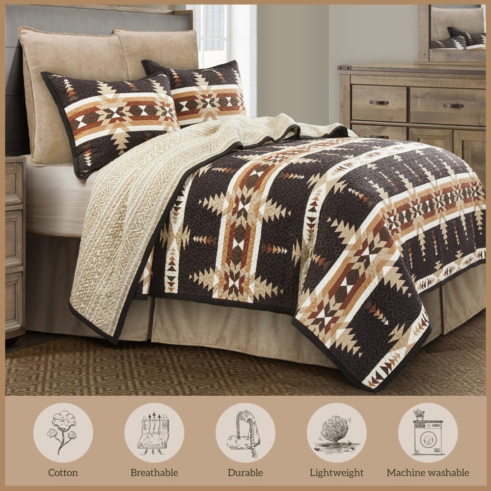 Yosemite Southwestern Aztec Patterned Quilt in Brown and Tan Queen Size